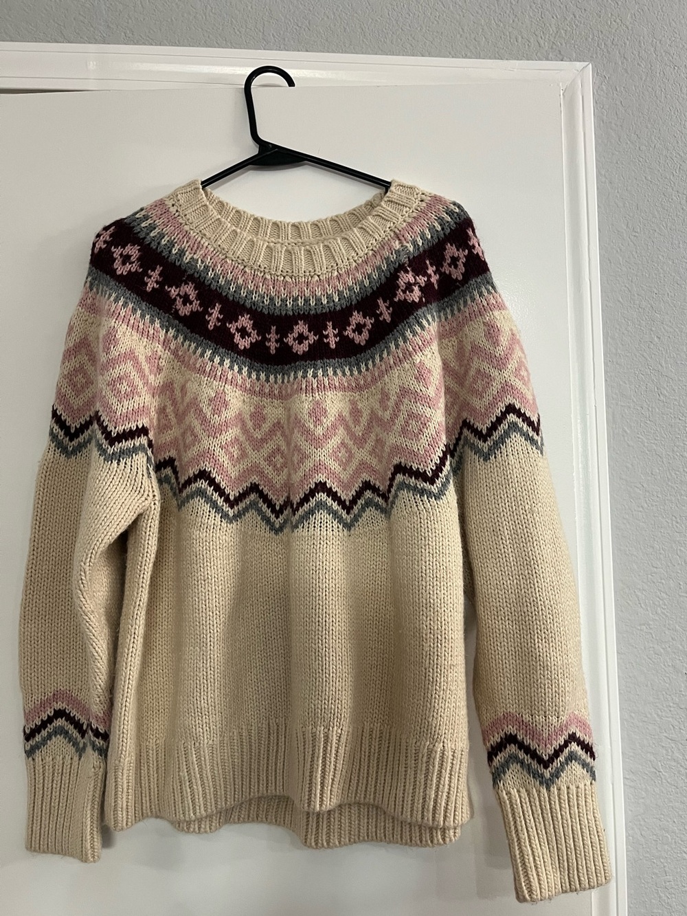Lucky Brand Fair Isle Sweater Women's Large Cream Pink Chunky Knit Pullover